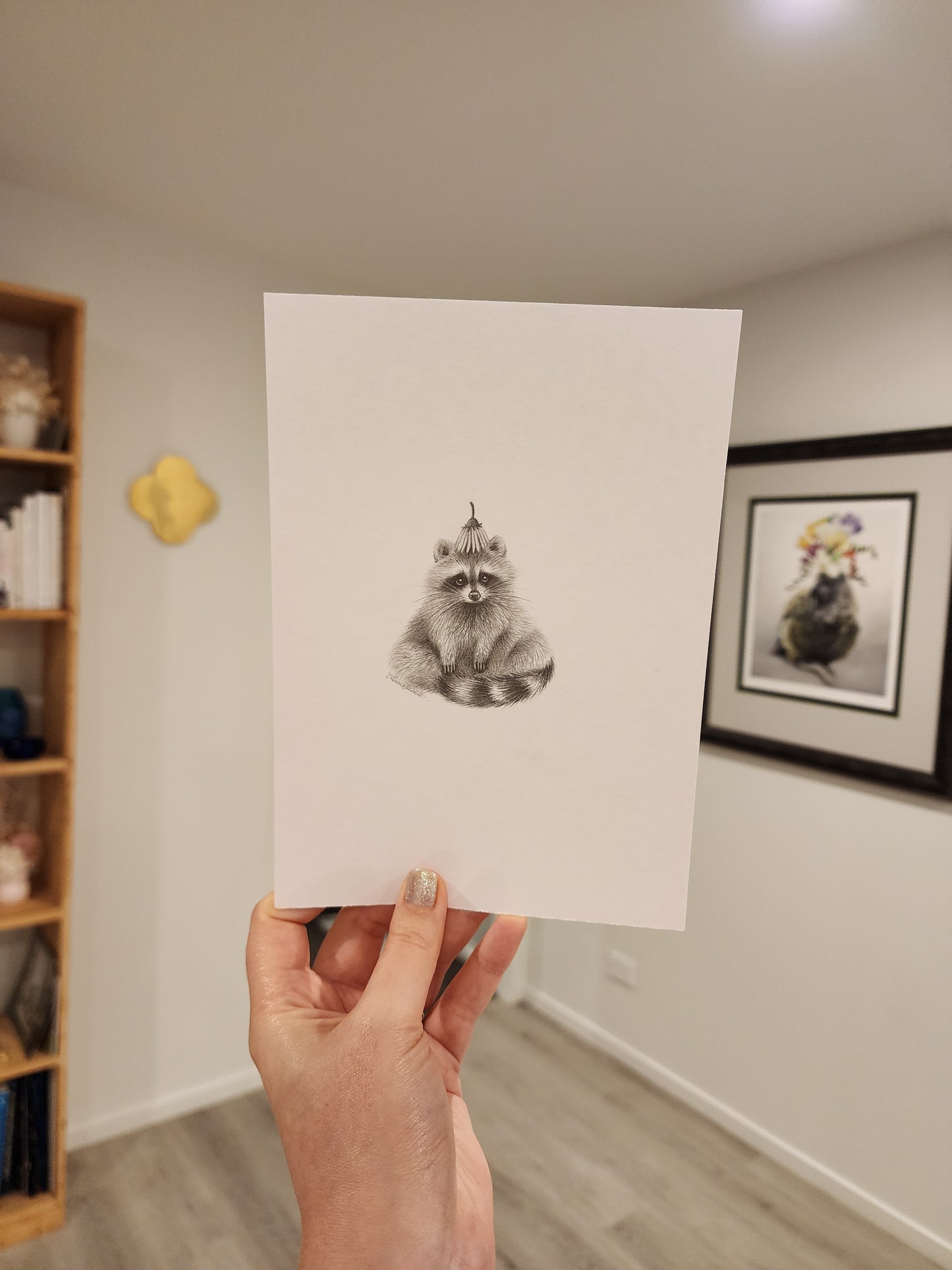 Mini one-off original 'Raccoon with Flower Hat'