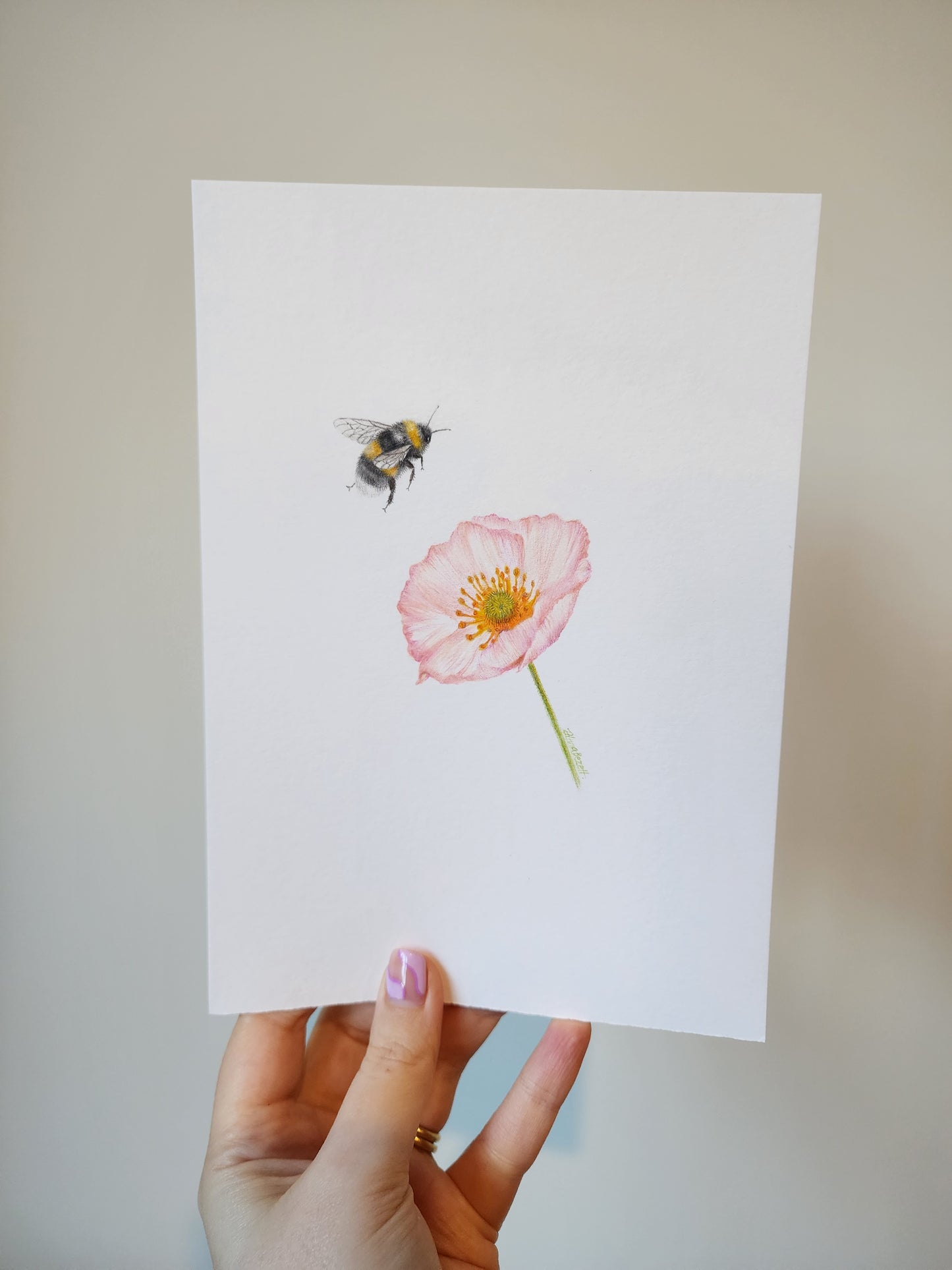 Mini one-off original 'Pink Poppy and Bee'