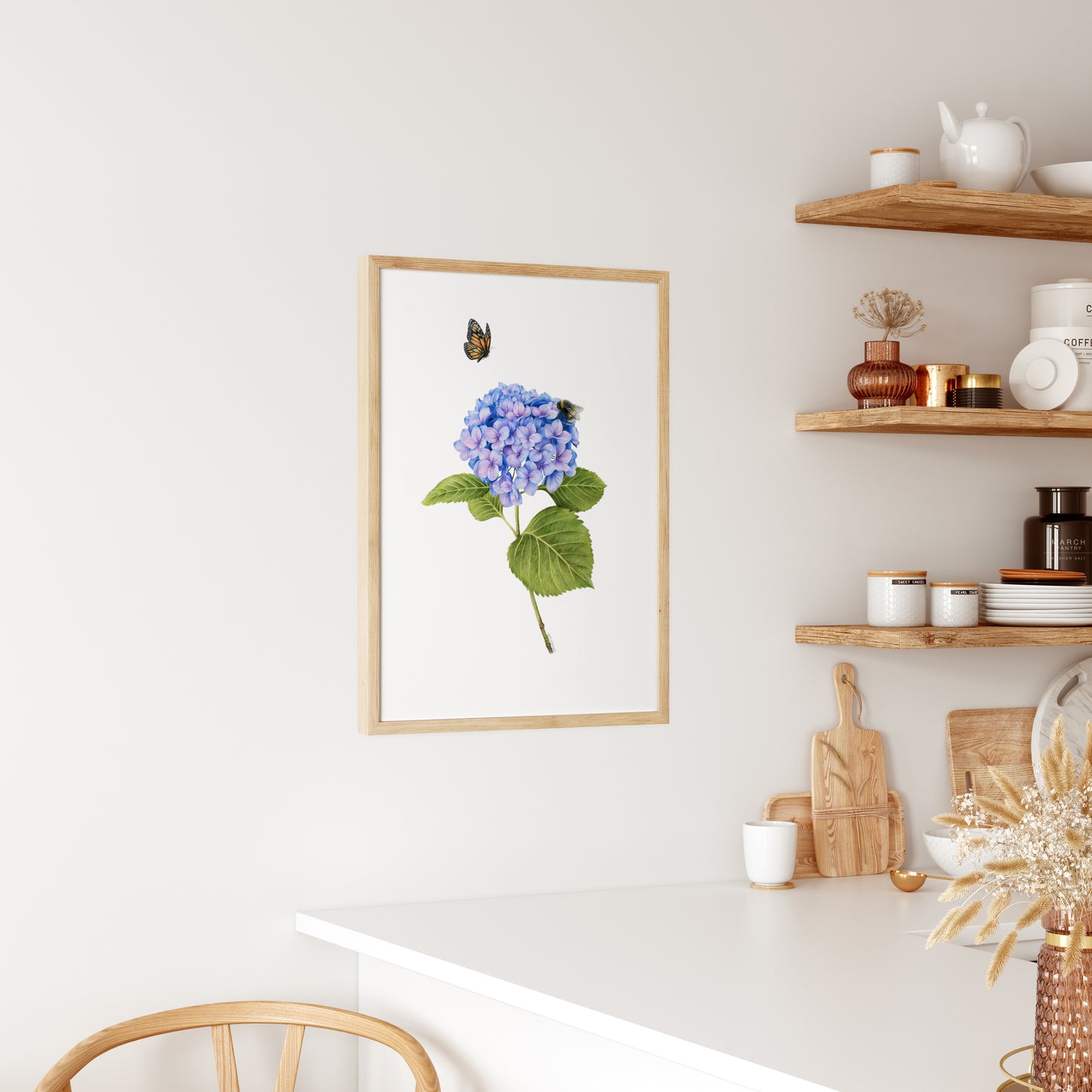 Hydrangea, Bee and Butterfly Print