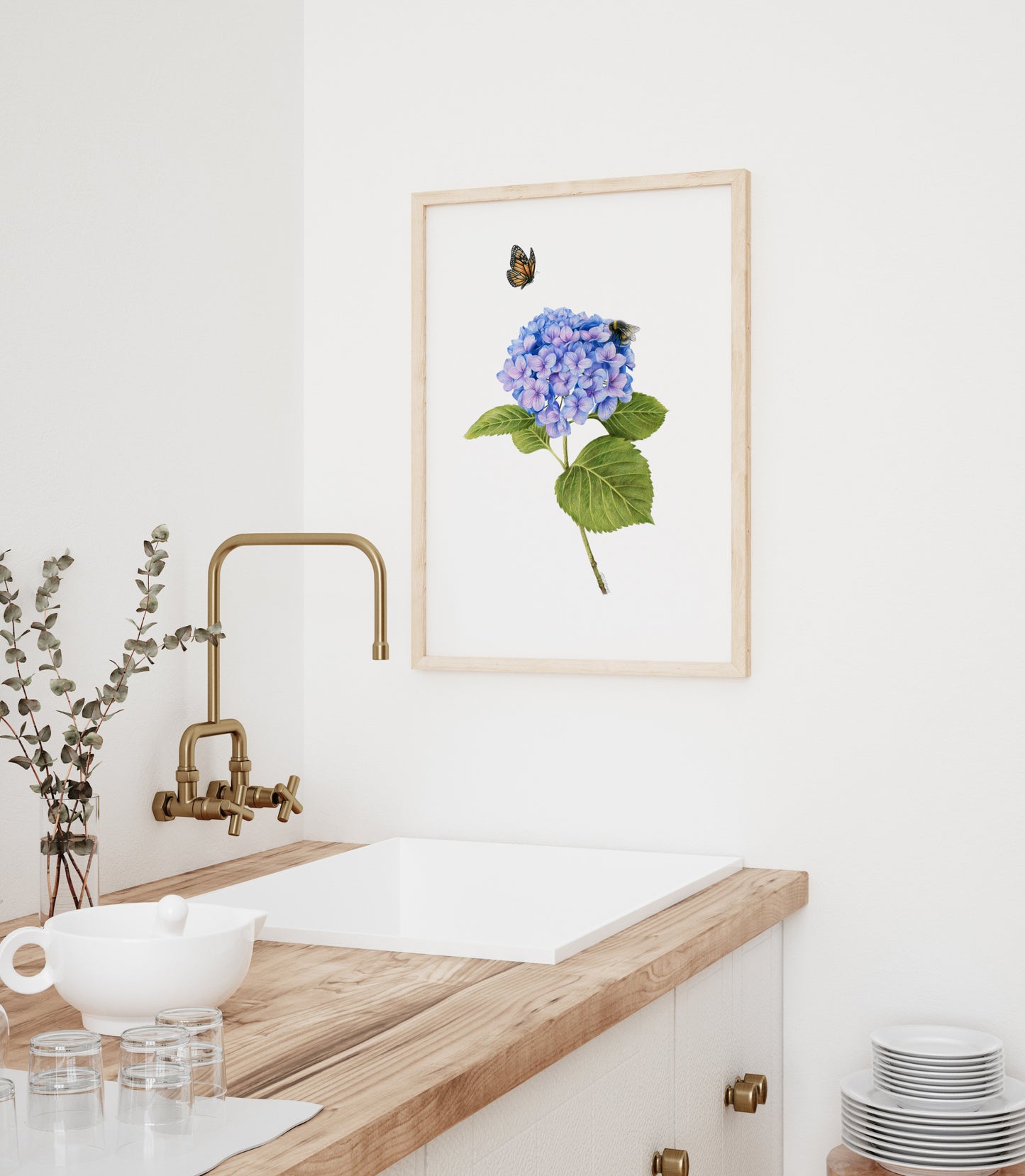 Hydrangea, Bee and Butterfly Print