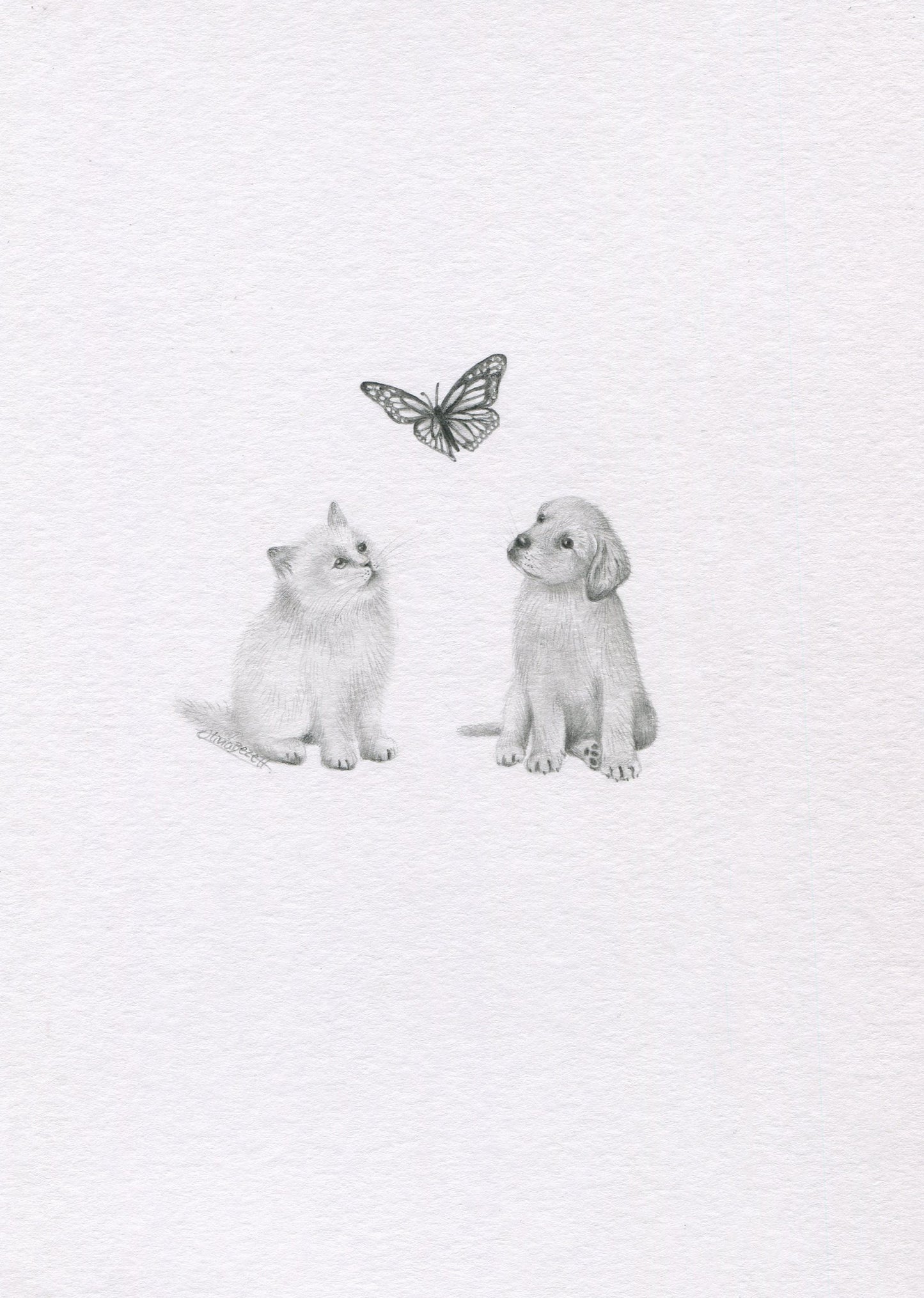Mini one-off original 'Kitten, Puppy and Butterfly 2'