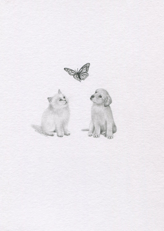 Mini one-off original 'Kitten, Puppy and Butterfly 2'