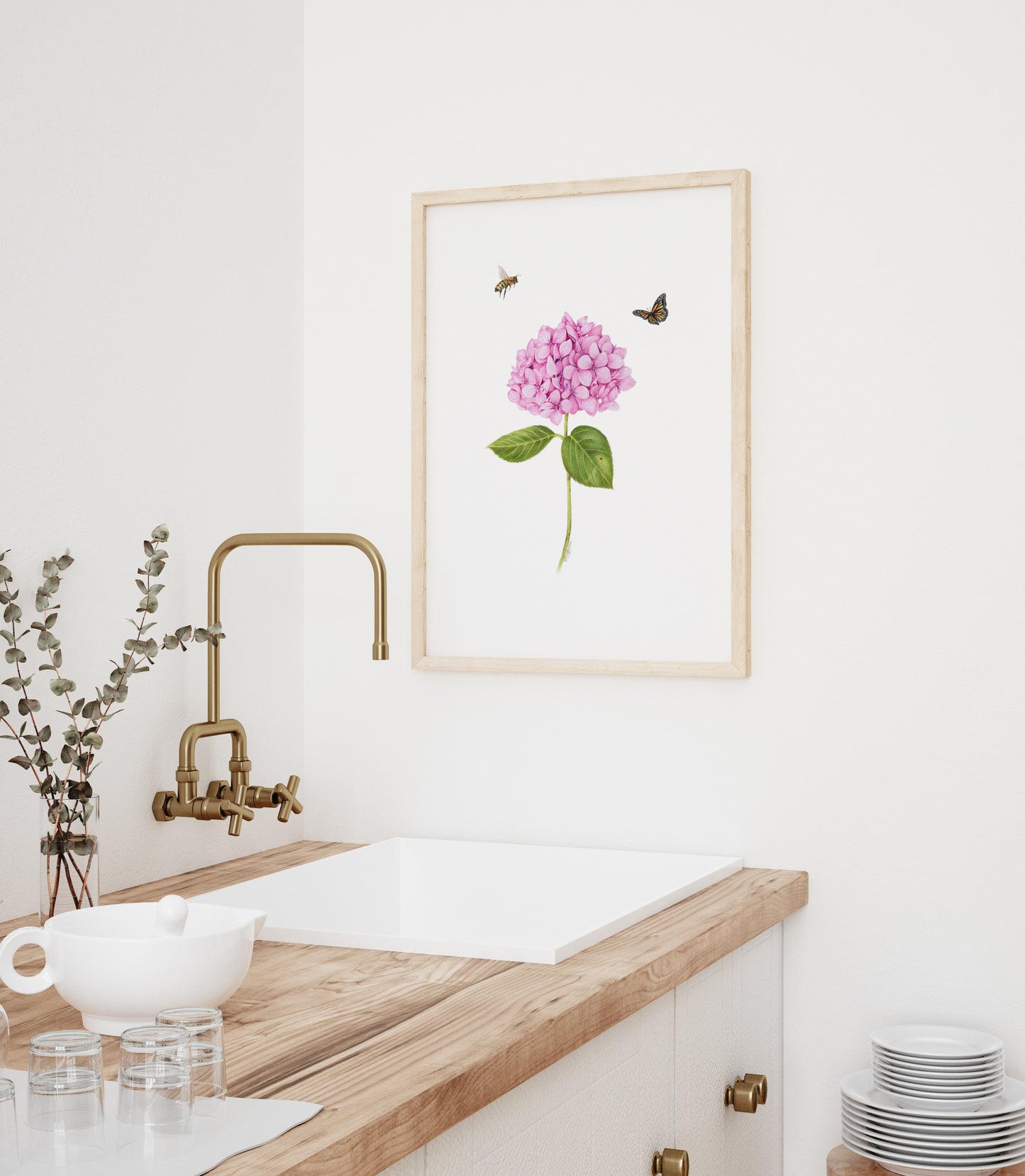 Pink Hydrangea, Bee and Butterfly Print