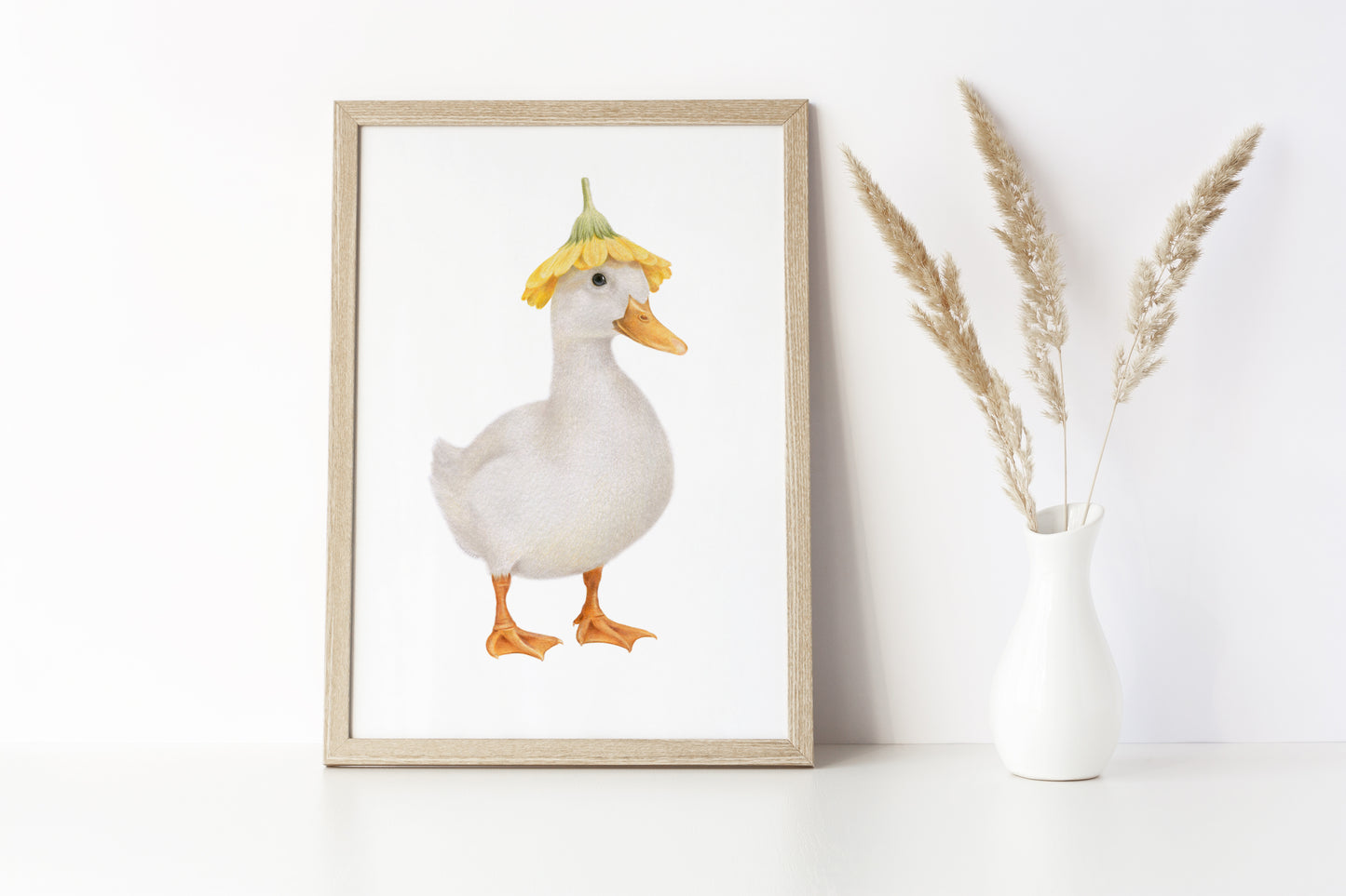 White Duck with Flower Hat Print