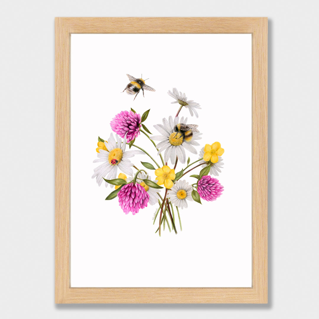 SALE - Framed 'Wildflowers and Bees' print, A4