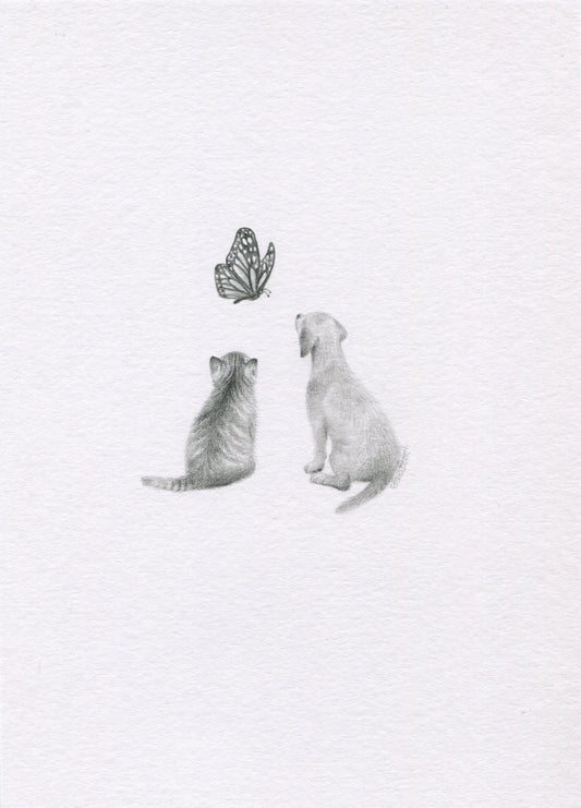 Mini one-off original 'Kitten, Puppy and Butterfly'