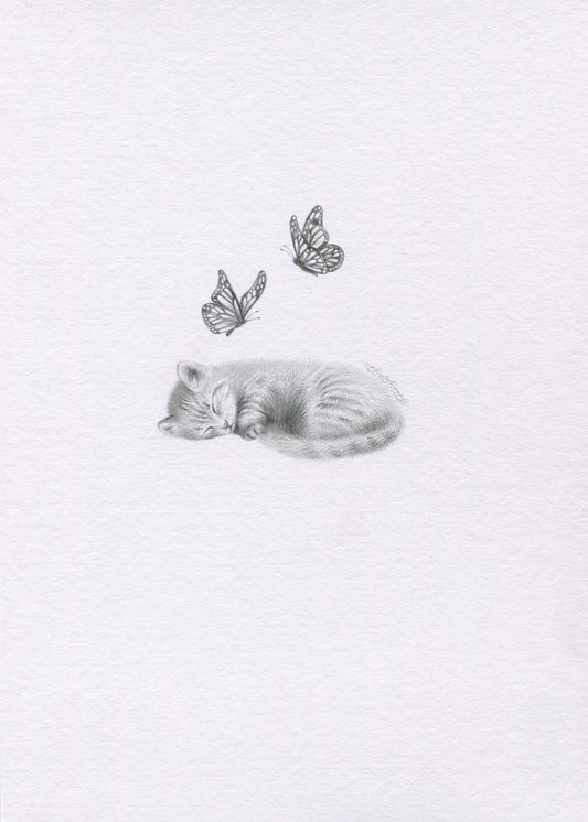 Mini one-off original 'Sleeping Kitten and Butterflies'