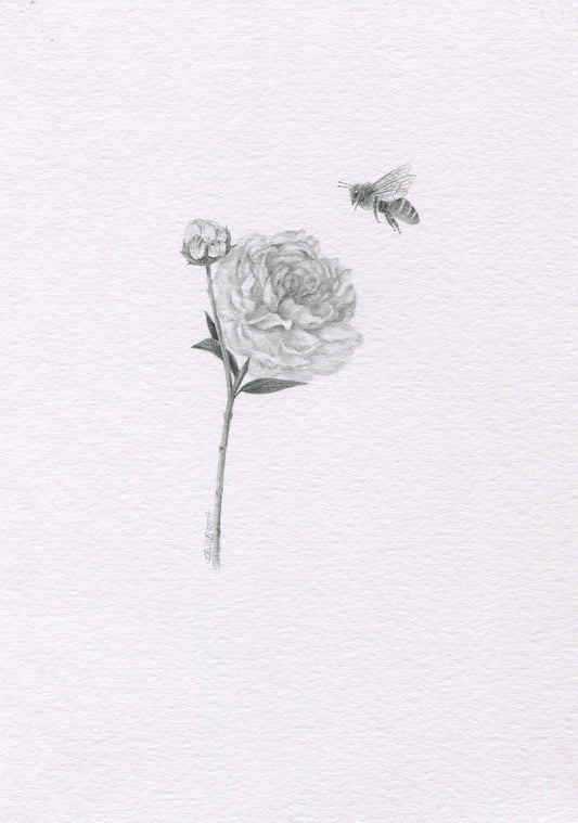 Mini one-off original 'Peony and Bee'