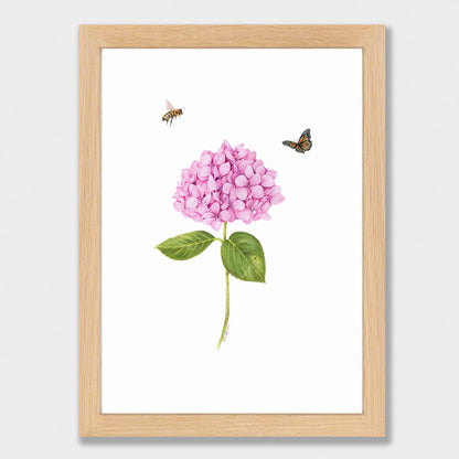 Pink Hydrangea, Bee and Butterfly Print