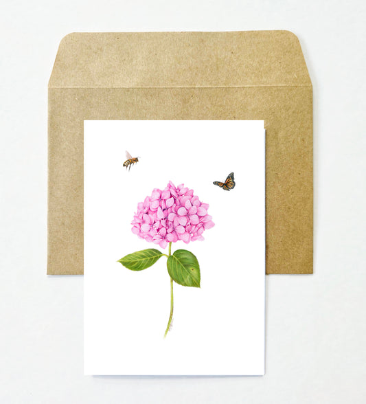 Pink Hydrangea, Bee and Butterfly Greeting Card