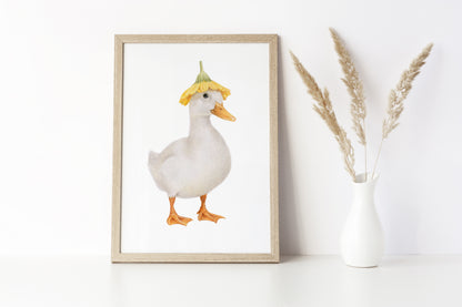 White Duck with Flower Hat Print