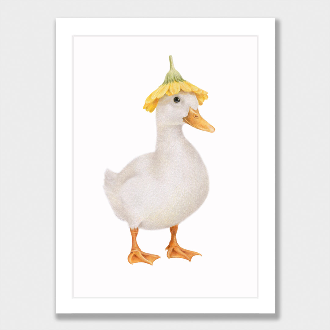 White Duck with Flower Hat Print