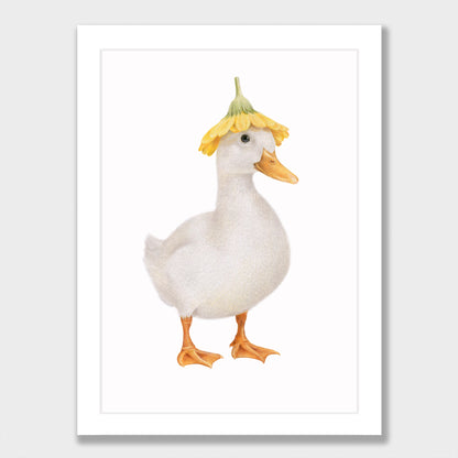 White Duck with Flower Hat Print